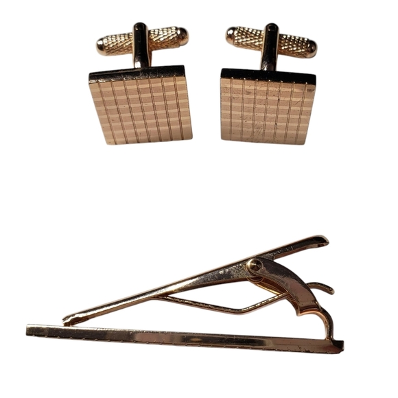 Cufflinks and Tie Clip Set Rose Gold Tone Metal Wedding Formal Tux - Picture 5 of 9